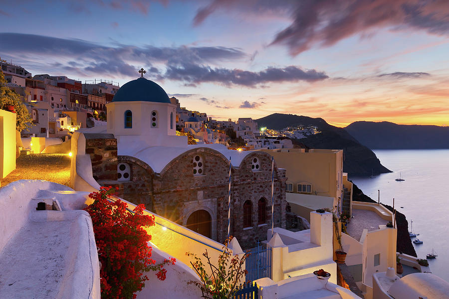 Greek Photograph - View Of Oia Village On Santorini Island In Greece. #1 by Cavan Images