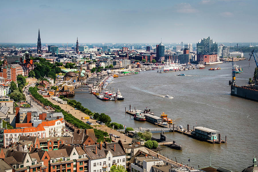View To The Skyline Of Hamburg With The Elbphilharmonie And The Sportharbour, Hamburg, North Germany, Germany #1 Photograph by Arnt Haug