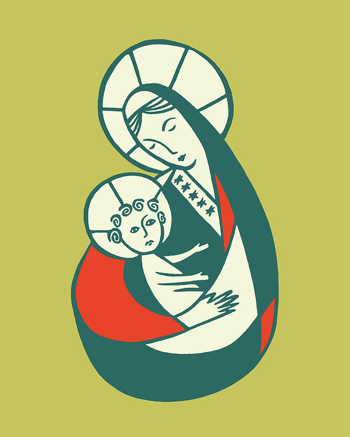 Vintage Drawing - Virgin Mary embracing baby Jesus #1 by CSA Images