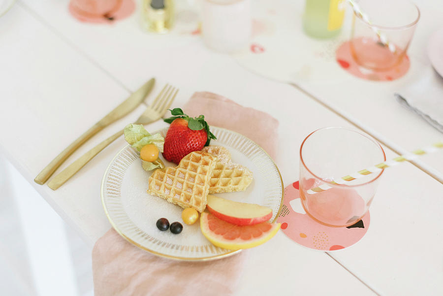 Waffles With Fruit And Cream On Festively Set Table #1 Photograph by Katja Heil