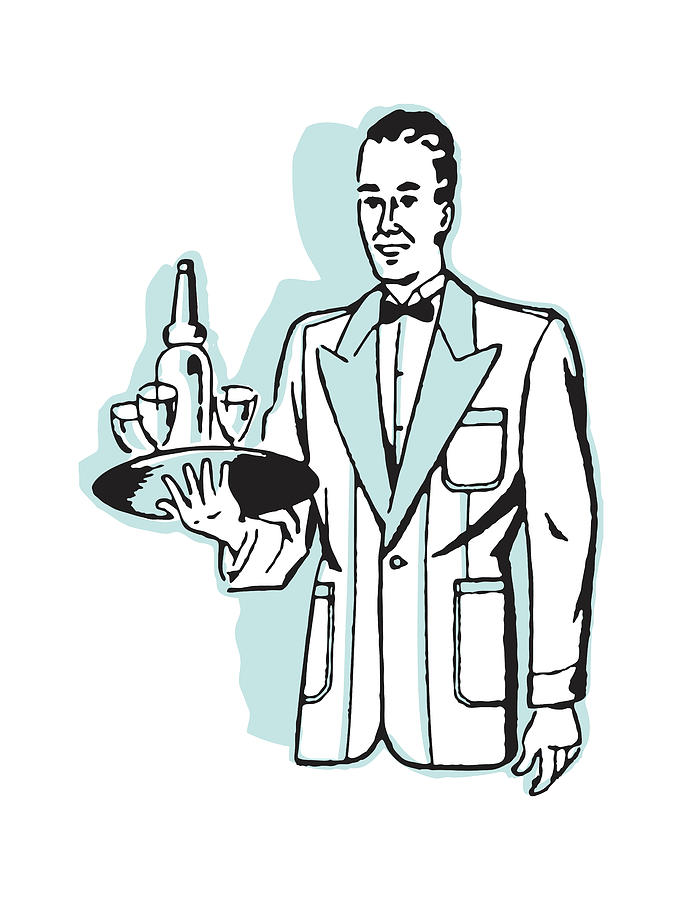 Vintage Drawing - Waiter with Bottle Service #1 by CSA Images