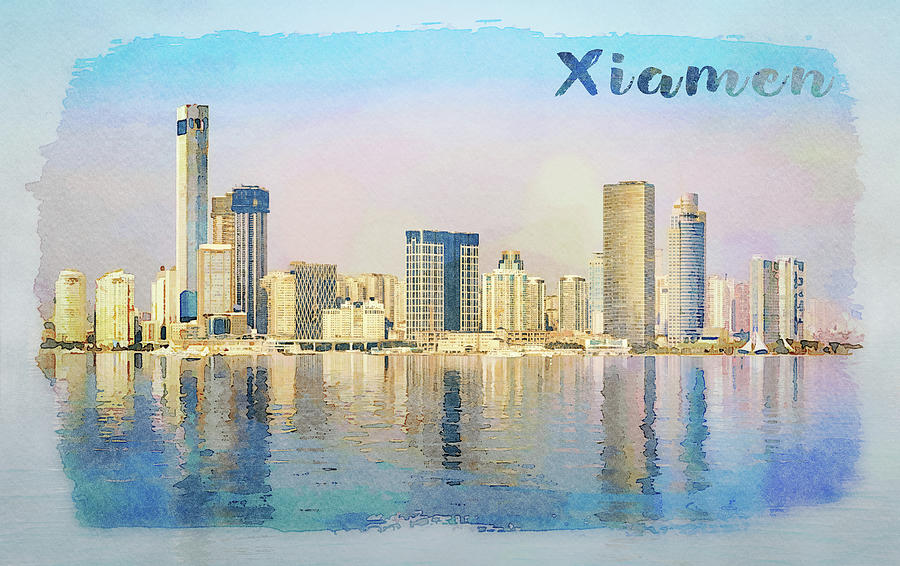 Water color of skyline of the city of Xiamen with reflections #1 Digital Art by Steven Heap