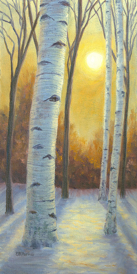 White Birch Winter Sunset Painting by Elaine Farmer