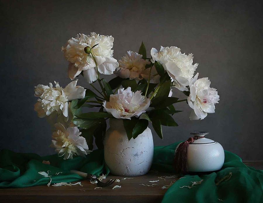 Flower Photograph - White Peonies #1 by Fangping Zhou