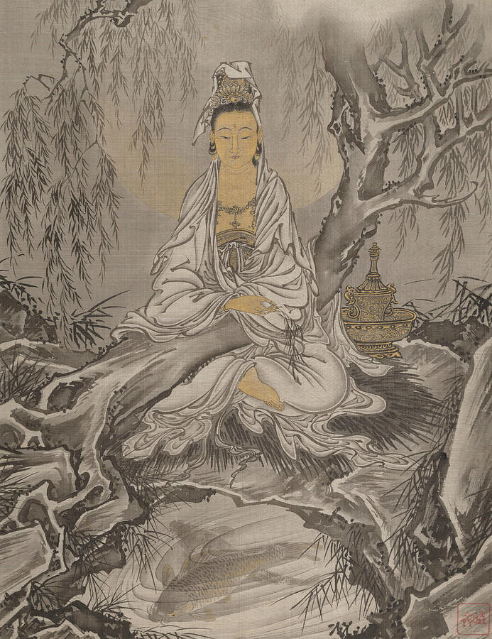 In this illustration, Kannon sits cross-legged in the forest adorned with gold jewelry and beautiful white robes, perched next to a small golden fountain.