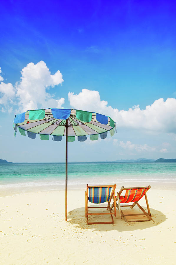 White Sandy Beach With Chairs And By Aleksandargeorgiev