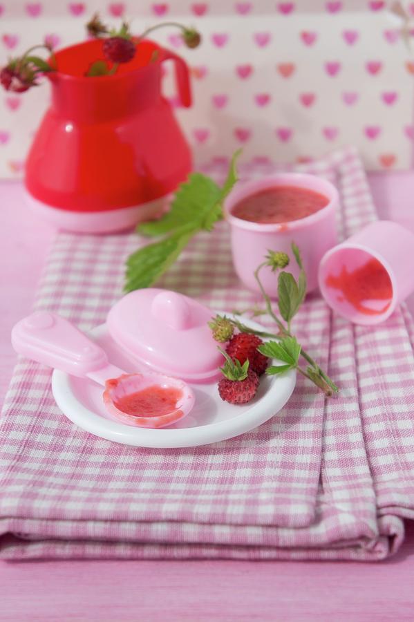 Wild Strawberries With Sugar And Condensed Milk Served On A Dolls Tea Set #1 Photograph by Martina Schindler