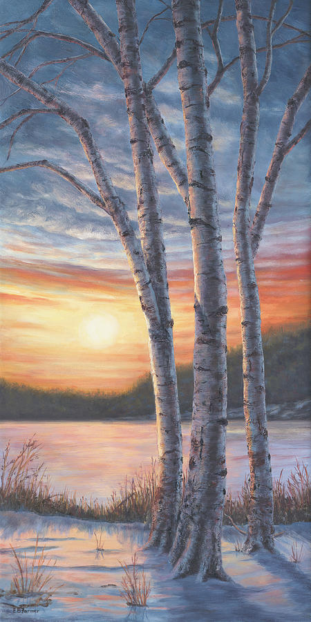 Winter Birch Sunset over Lake Painting by Elaine Farmer