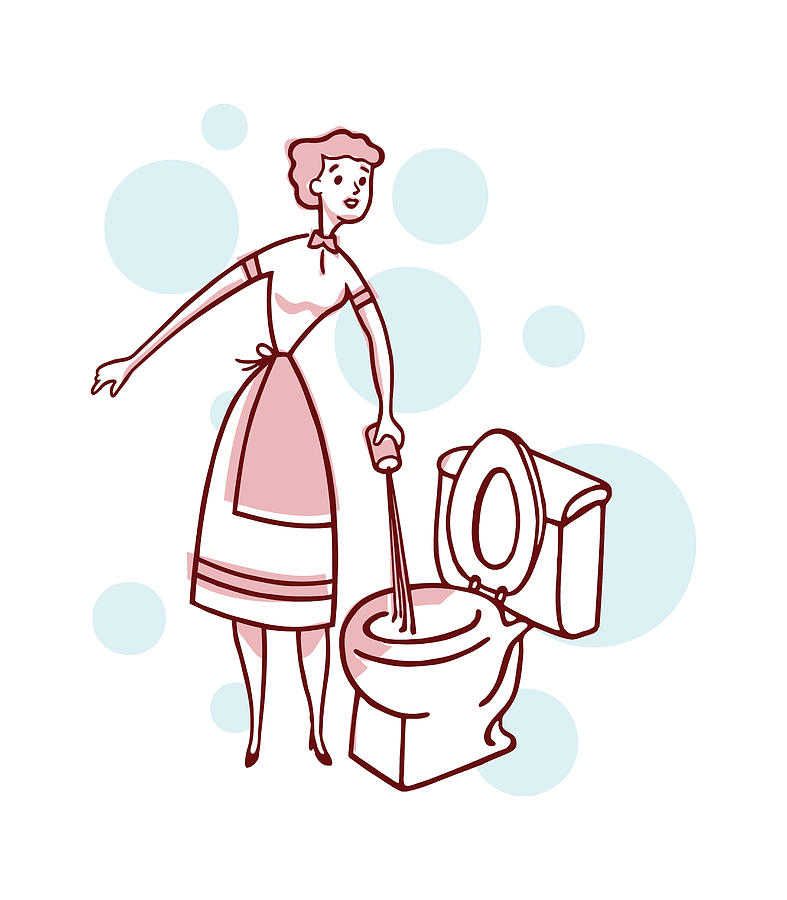 Vintage Drawing - Woman Cleaning Toilet #1 by CSA Images