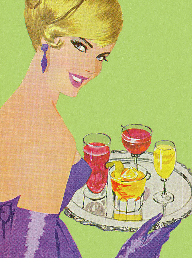 Vintage Drawing - Woman Holding Tray of Drinks #1 by CSA Images