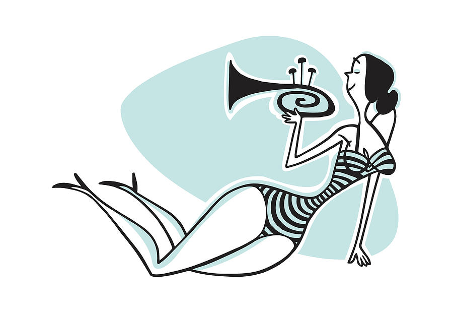 Music Drawing - Woman in Swimsuit with Trumpet #1 by CSA Images