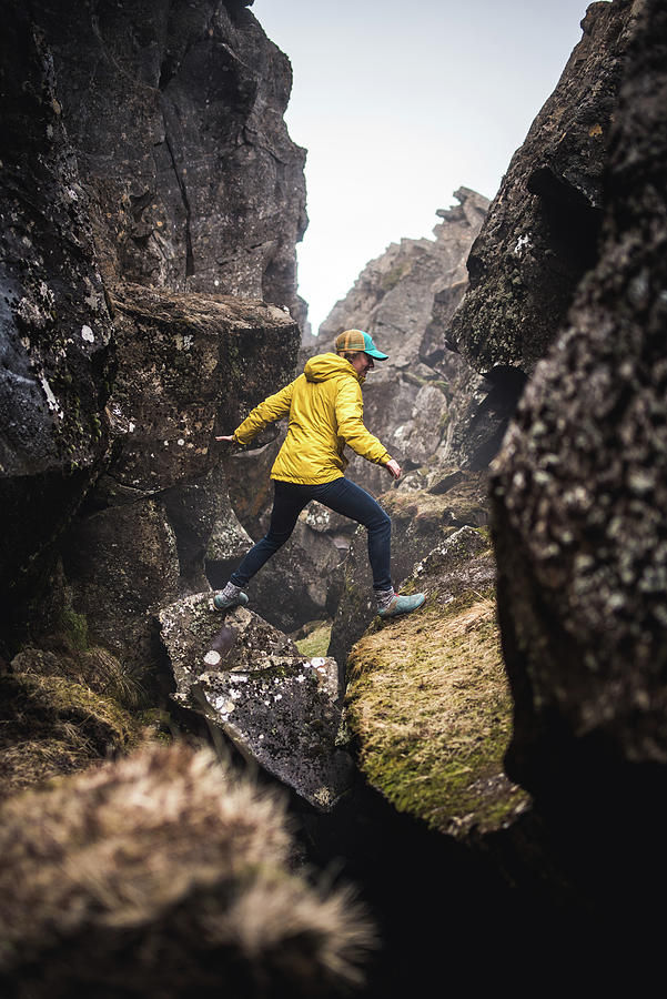 Woman In Yellow Jacket Exploring Thermal Fissures In Iceland #1 ...