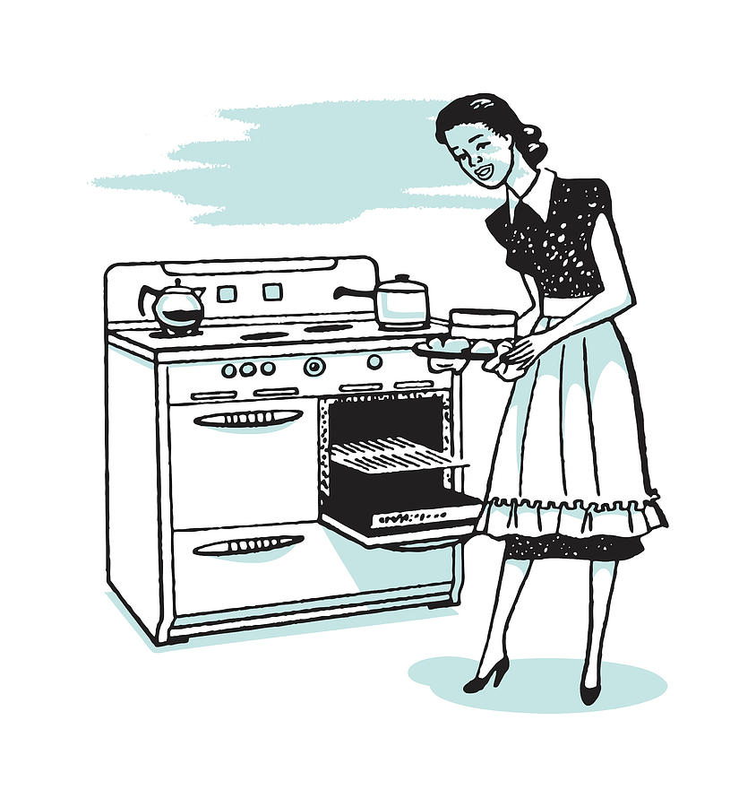 Vintage Drawing - Woman Putting Cake in Oven #1 by CSA Images