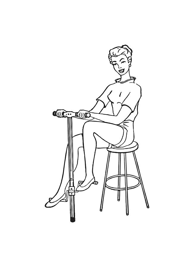 Black And White Drawing - Woman Sitting on Stool Pedaling Exercise Contraption #1 by CSA Images