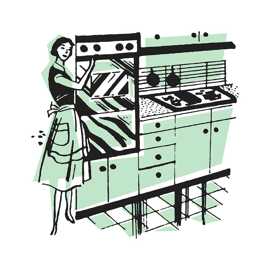 Vintage Drawing - Woman Standing in Kitchen by Oven #1 by CSA Images