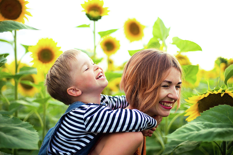 Woman Standing In The Sunflower Field, Holding Her Son On Her Back ...