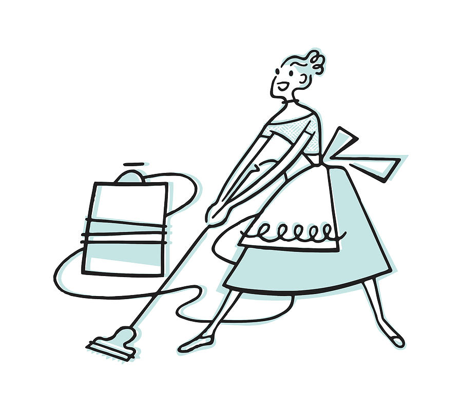 Vintage Drawing - Woman Vacuuming #1 by CSA Images