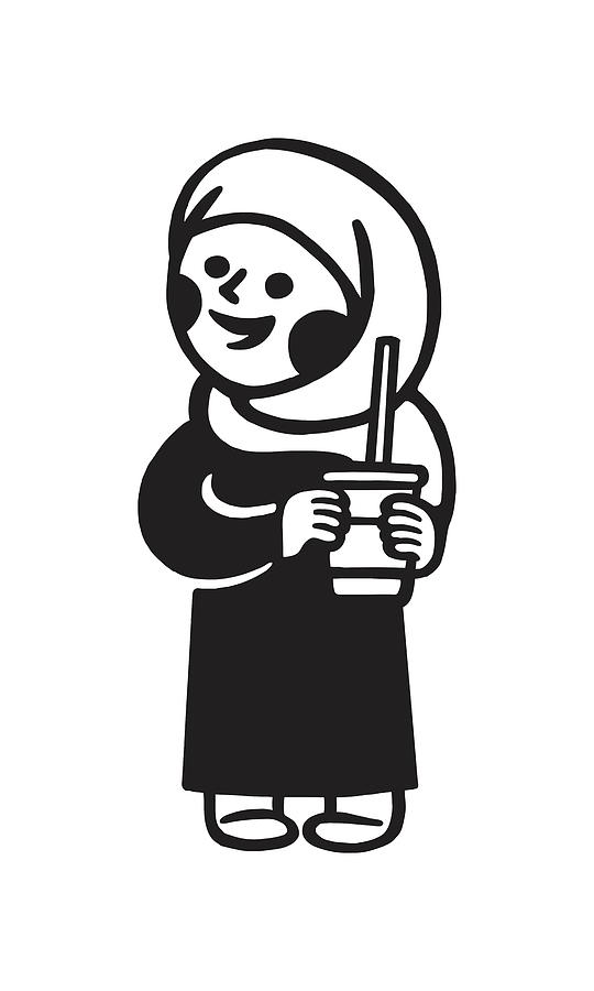 Black And White Drawing - Woman Wearing a Hijab Holding a Drink #1 by CSA Images