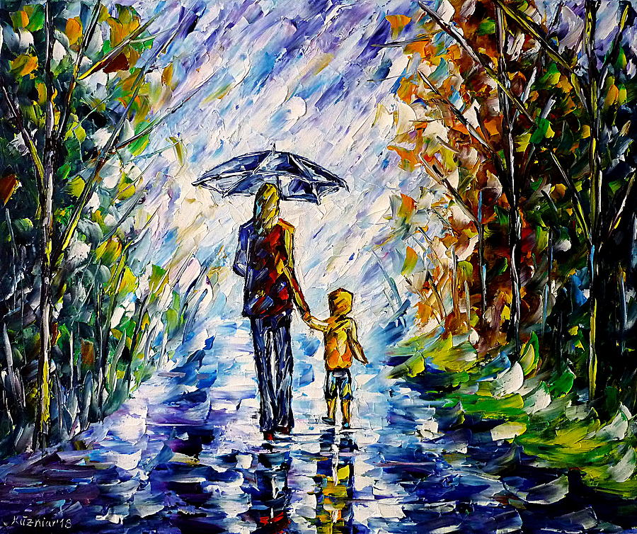 Woman With Child In The Rain #1 Painting by Mirek Kuzniar