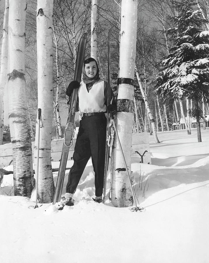 Woman With Cross Country Skis #1 Photograph by Underwood Archives