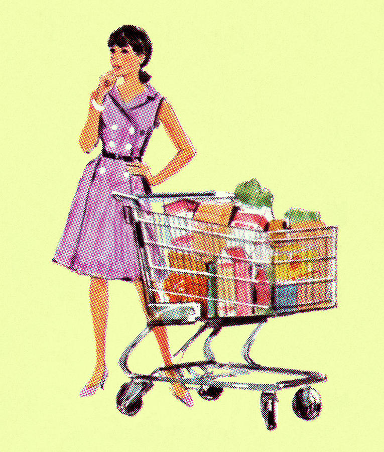 Vintage Drawing - Woman With Full Shopping Cart #1 by CSA Images