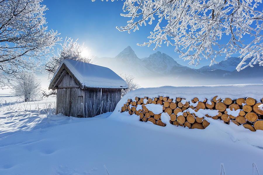 Winter Digital Art - Wooden Hut, Ehrwald, Austria #1 by Reinhard Schmid