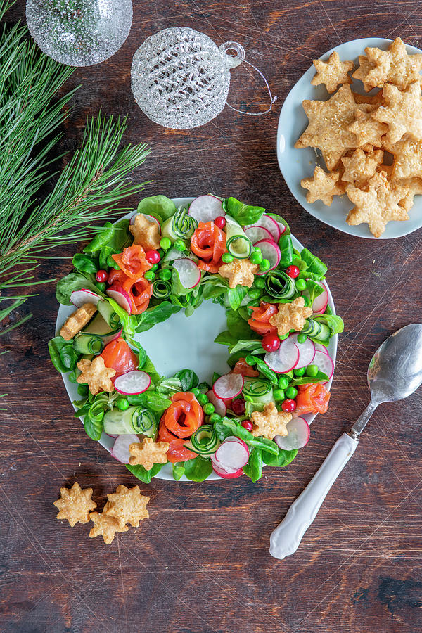 Wreath Salad With Salmon For Christmas #1 Photograph by Irina Meliukh