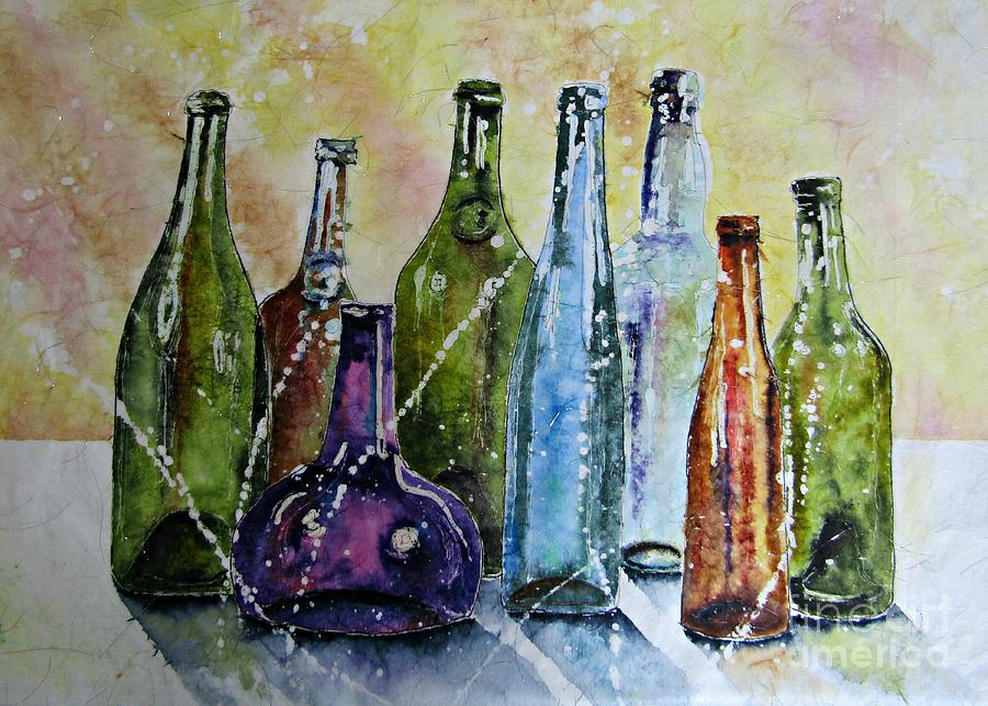 ORIGINAL FOR SALE  Ye Old Wine Bottles Painting by Janet Cruickshank