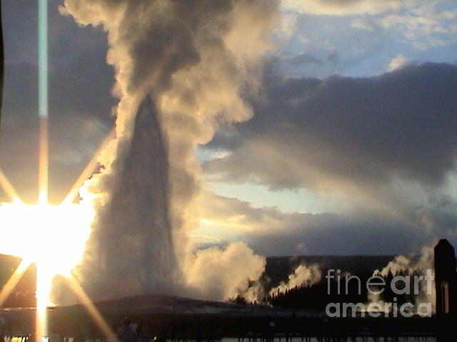 Yellow Stone National Park Old Faithful Geyser At Sunset Vintage Look 2004 #1 Photograph by John Shiron