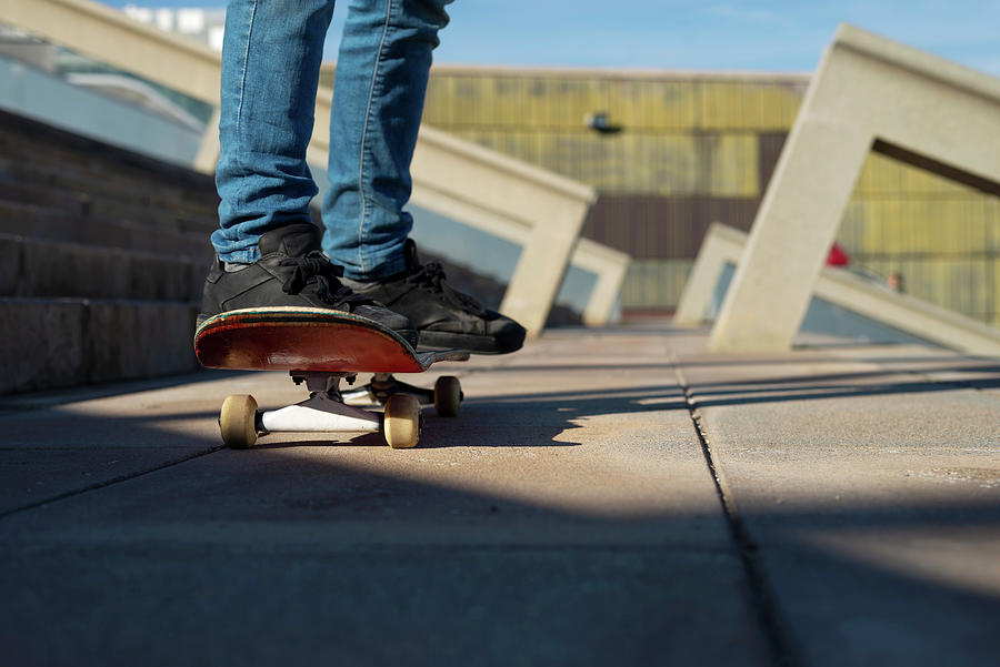 Young Boy Skateboarding In A City Park In Sunny Day, Low Angle View #1 ...