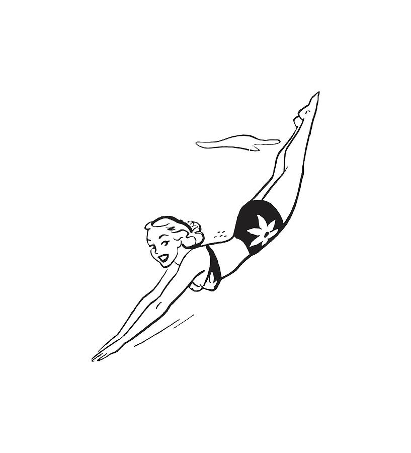 Black And White Drawing - Young Woman in Bikini Diving #1 by CSA Images