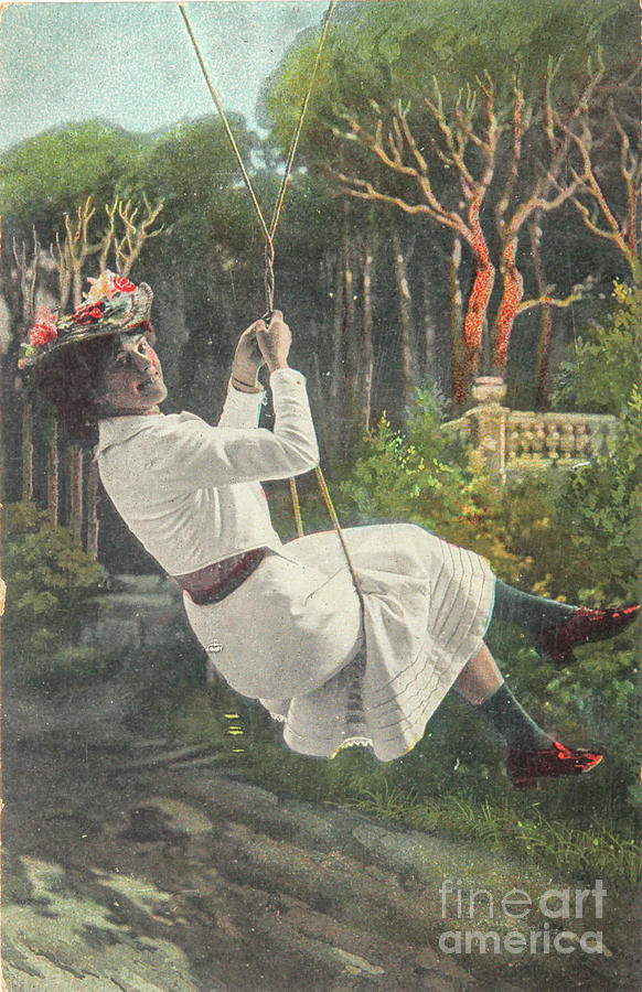 Vintage Photograph - Young woman on a swing in 1908 by Patricia Hofmeester