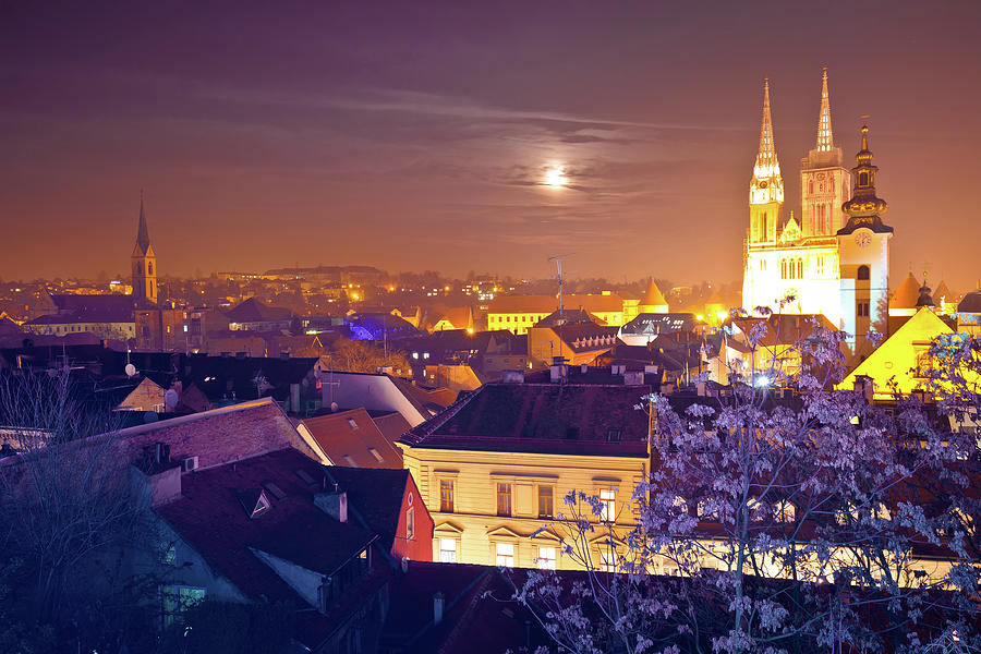 Zagreb cathedral and cityscape evening advent view #1 Photograph by Brch Photography