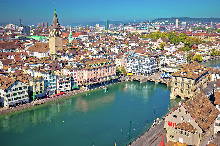 Zurich and Limmat river waterfront aerial view Photograph by Brch ...