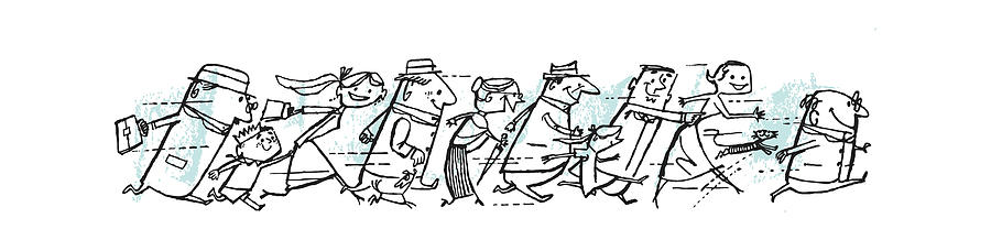 Vintage Drawing - Crowd of People Running #10 by CSA Images