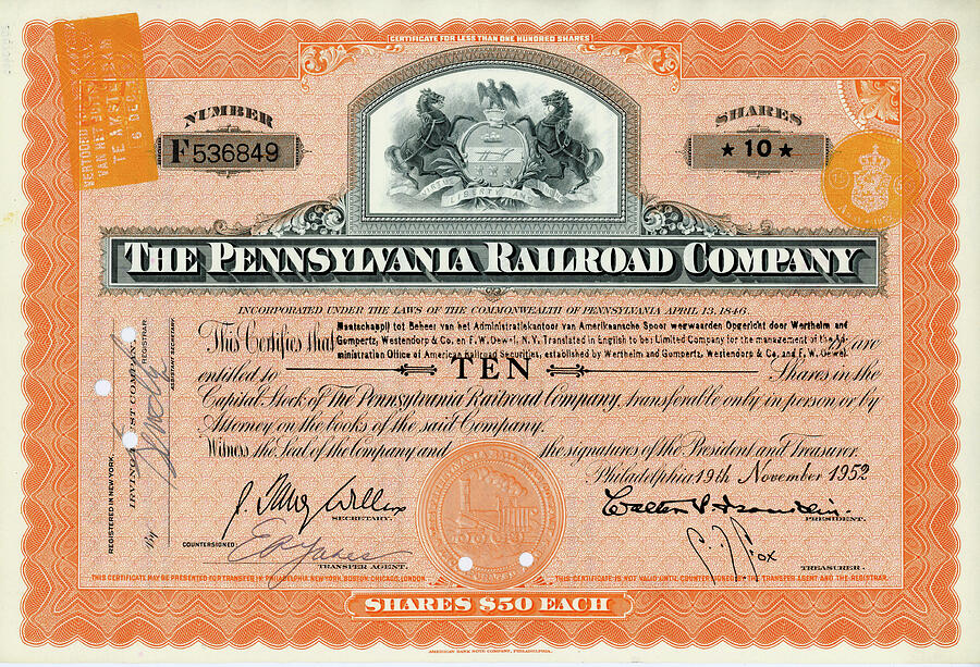 10 Shares of Pennsylvania Railroad Stock - Small Size Photograph by Paul W Faust - Impressions of Light