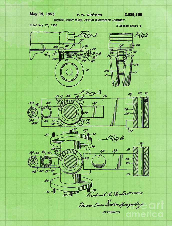 Tractor Front Wheel Spring Suspension Assembly Patent Year 1953 Drawing