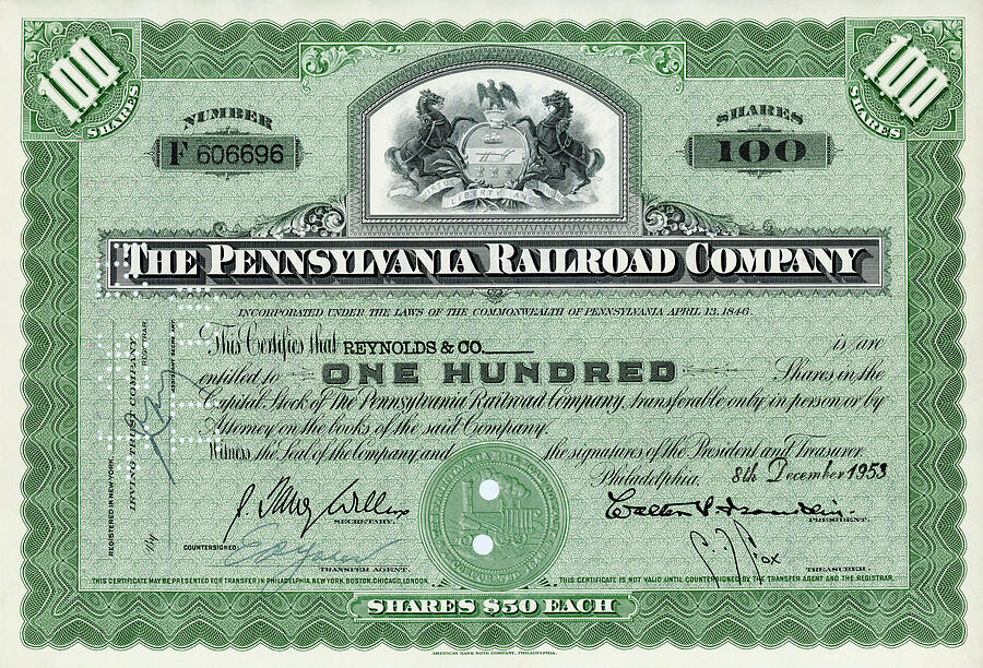 100 Shares of Pennsylvania Railroad Stock - Large size Photograph by Paul W Faust - Impressions of Light