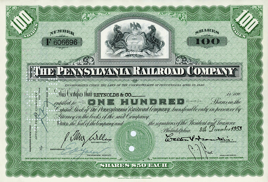 100 Shares of Pennsylvania Railroad Stock - Small size Photograph by Paul W Faust - Impressions of Light