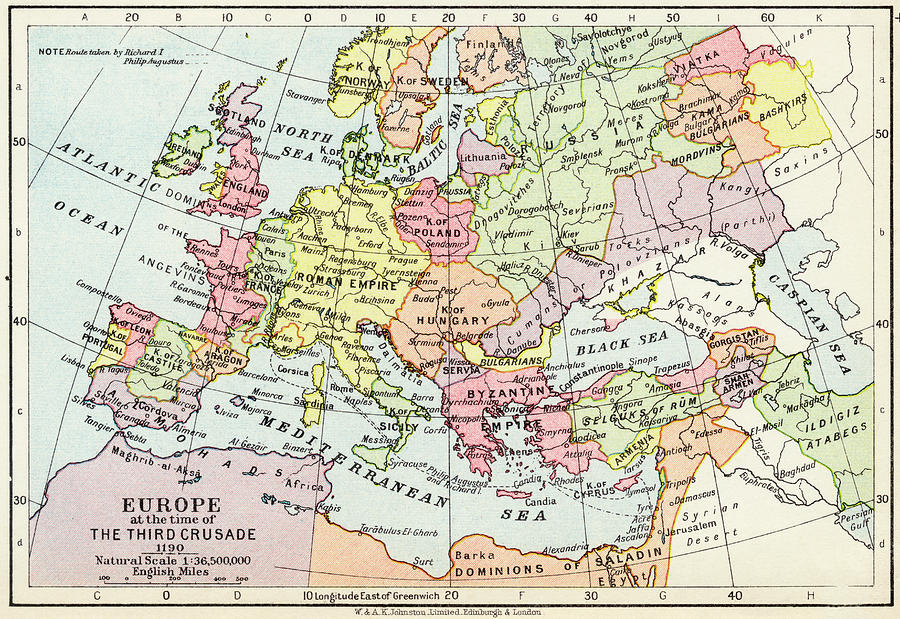 Map of Europe at the time of the Third Crusade,1190 Drawing by Ken ...