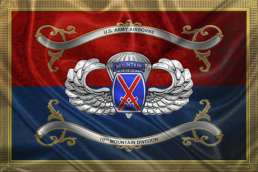 10th Mountain Division -  10th   M T N  Insignia with Parachutist Badge over Flag Digital Art by Serge Averbukh