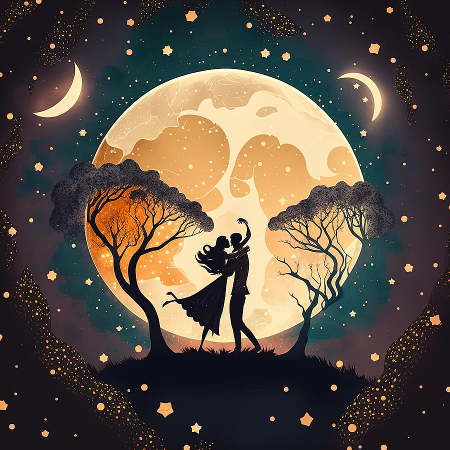 A Dreamy Illustration Of A Couple Dancing Under A Full Moon And Stars ...