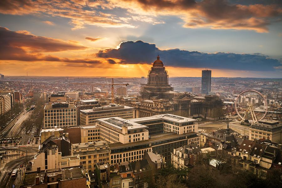 Sunset Photograph - Brussels, Belgium Cityscape At Palais #11 by Sean Pavone