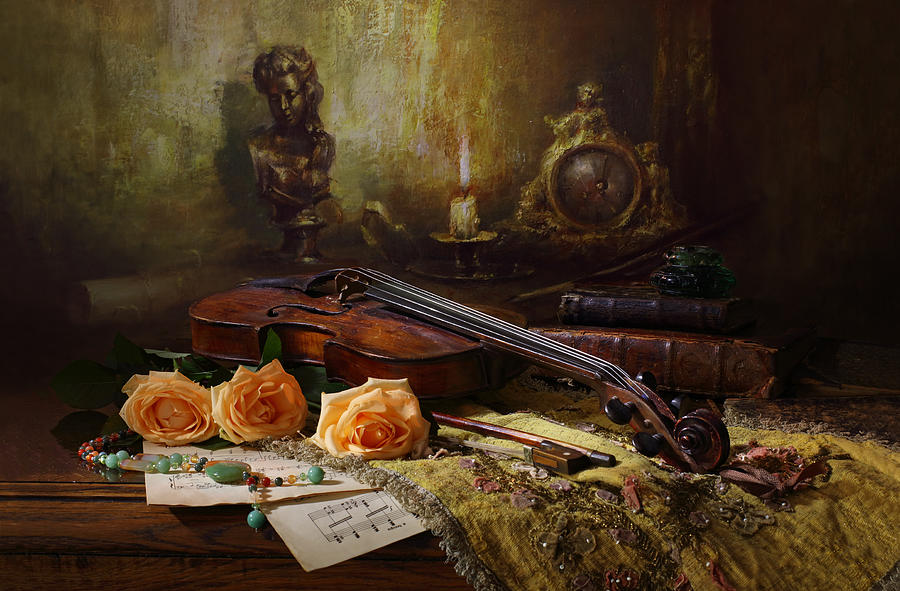 Rose Photograph - Still Life With Violin And Roses #11 by Andrey Morozov