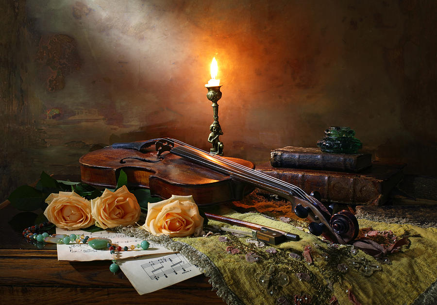 Still Life With Violin And Roses #12 Photograph by Andrey Morozov