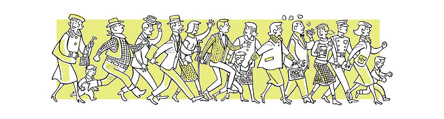 Vintage Drawing - Crowd of People Running #13 by CSA Images
