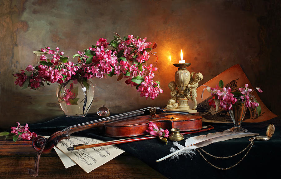 Flower Photograph - Still Life With Violin And Flowers #13 by Andrey Morozov