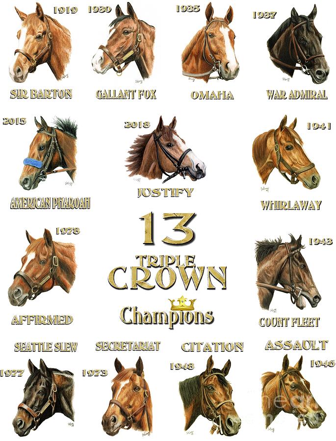 13 Triple Crown Champions- white Painting by Pat DeLong