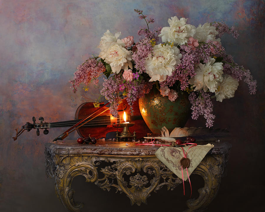 Music Photograph - Still Life With Violin And Flowers #15 by Andrey Morozov