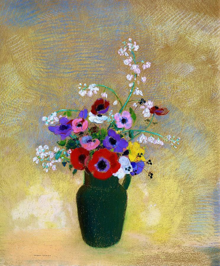 Odilon Redon Painting - Large Green Vase with Mixed Flowers - Digital Remastered Edition by Odilon Redon